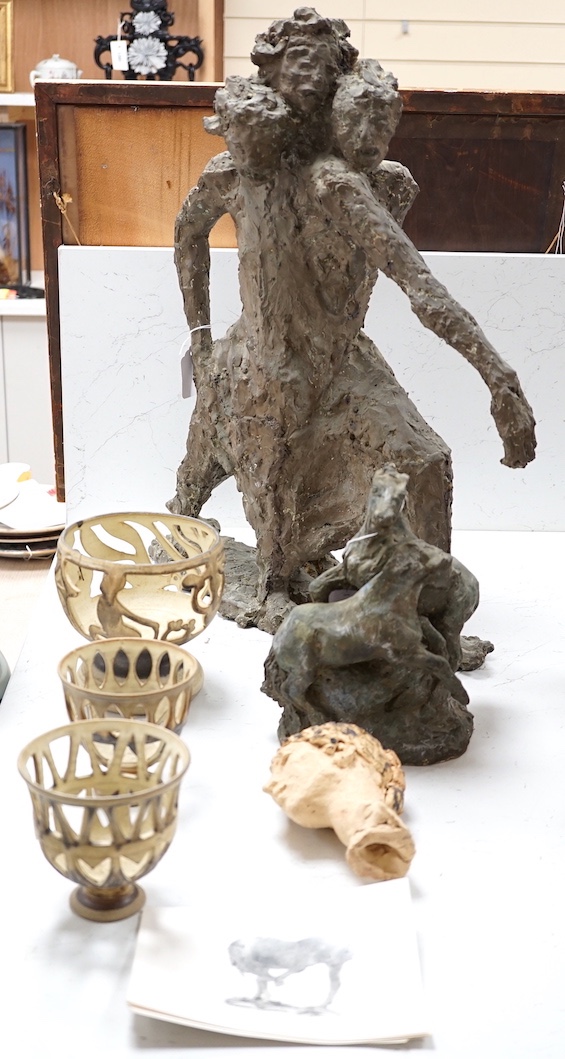Leslie Charlotte Benenson RE (1941-2018), two bronze fibreglass maquettes, a clay head and three reticulated vessels (6), Largest figure 58cms high.